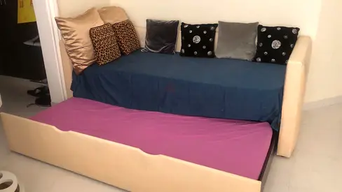 Beige Fabric bed with Pull-out Trundle Bed — Good Condition (mattresses included)