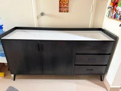 Dark Wood Sideboard Cabinet with White Ceramic Top - 3 Drawers, 2 Doors