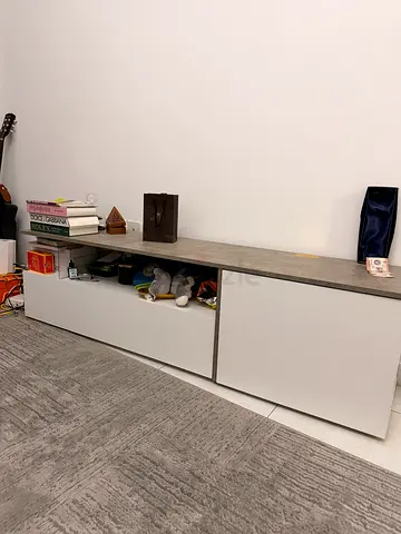 Low-profile modern TV cabinet / entertainment console in white and wood finish