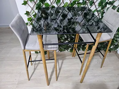 Wooden Frame Glass Top High Seat Bar Dining Table with 2 Velvet Chairs