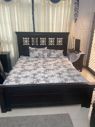 Heavy Solid Dark Wood Queen Bed Frame with Headboard and Footboard