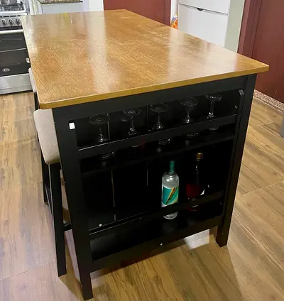 Solid Wood Kitchen Island Bar Table with Storage  Glass Rack