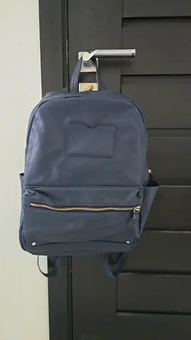 Navy Blue Leather-Look Backpack with Front Zip Pocket