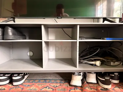 Low TV Stand/Media Console with Storage Shelves - Light Grey