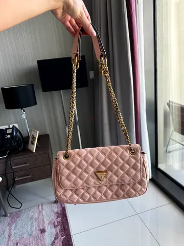 guess Light Pink Quilted Shoulder Bag with Gold Chain Strap