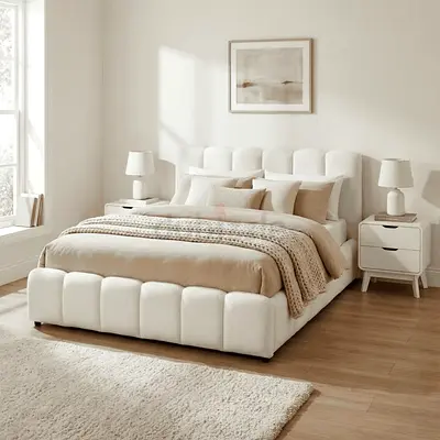 Modern Upholstered King Bed with Padded Headboard - Ivory