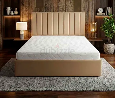 Queen upholstered bed frame with padded headboard - beige