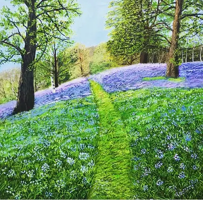 Oil Landscape Painting — Meadow with Bluebells-handrawn