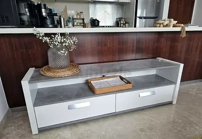 Modern TV Stand with Storage Drawers and Open Shelves - White  Grey