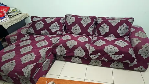 L-shaped Fabric Sofa with Chaise - Maroon Patterned, Good Condition