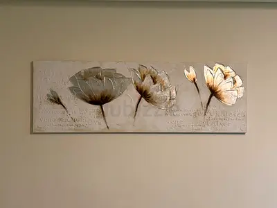 Long neutral floral wall art painting with gold accents