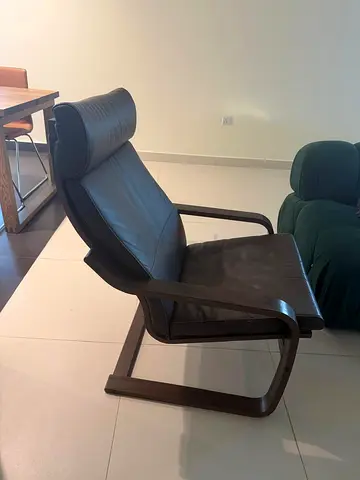 IKEA Armchair - Dark Wood Frame with Brown Leather Cushion