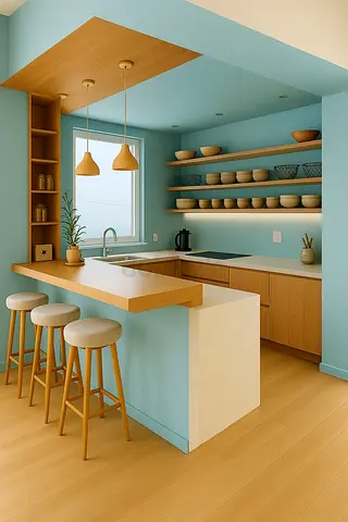 Modern light-wood kitchen island with breakfast bar and open shelving