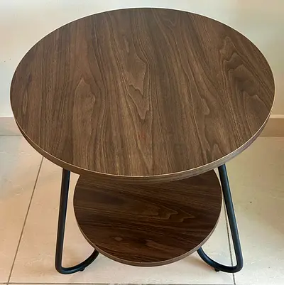 Round Wooden Side Table with Lower Shelf, Dark Wood Finish