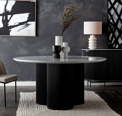 Modern Round Dining Table with Marble Top (150cm) - Black Base