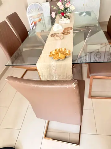 Glass Dining Table with 6 Upholstered Chairs (Used)