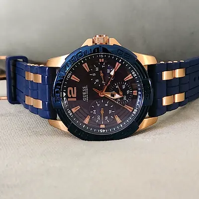Guess Men’s Blue  Rose Gold Chronograph Watch - Excellent Condition