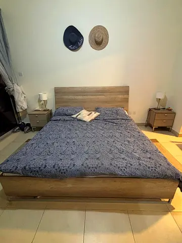 Double bed frame with headboard and 2 bedside tables - oak finish