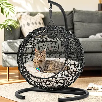 Hanging Rattan Cat Bed with Cushion and Stand