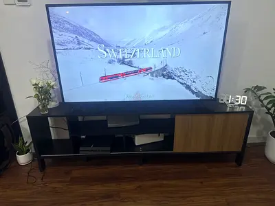Modern TV Entertainment Unit and TV Cabinet with Sliding Door - Black  Wood Finish