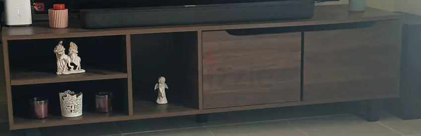 Wooden TV Entertainment Unit with Open Shelves and Sliding Doors