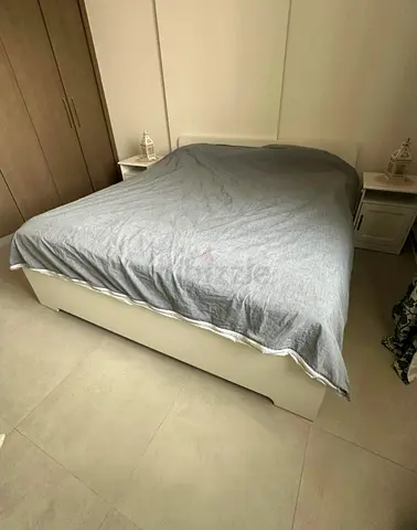 White Bed Frame with mattress  and side tables - Good Condition