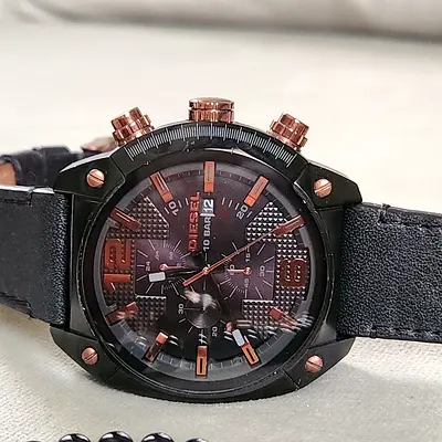 Mens Diesel-style Black Chronograph Watch with Leather Strap