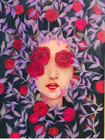 Original Floral Portrait Painting on Canvas — Roses and Leaves
