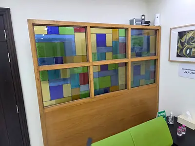 Wooden Partition with Decorative Glass Panels for Sale