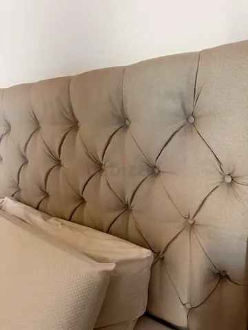 Tufted upholstered king bed with mattress neutral beige