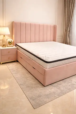 Brand New Pink Upholstered King Bed with Mattress and Headboard
