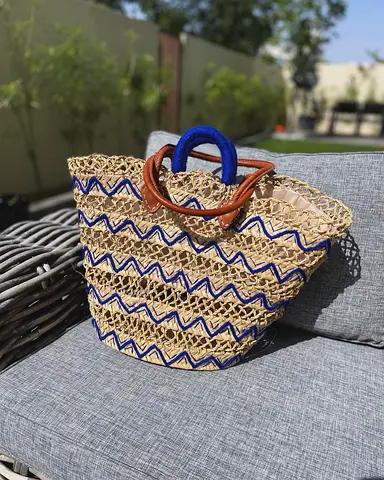 Handwoven Straw Beach Tote with Blue Zigzag Pattern
