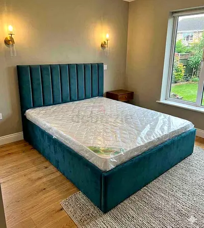 Teal Velvet Double Bed with Headboard and Storage Base - Almost New