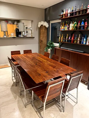 Solid Wood Dining Table with 10 Chairs and Wood Bar Cabinet - Rustic Modern