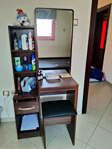 Wooden Dressing Table with Mirror and Stool - Dark Brown