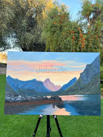 Original Landscape Oil Painting — Lofoten-Lake Sunset (Framed Canvas)