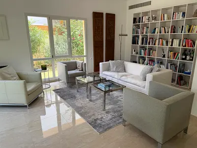 Modern, neautral, mid high - end living room set ( fabric sofas +chrome/glass table + large grey rug