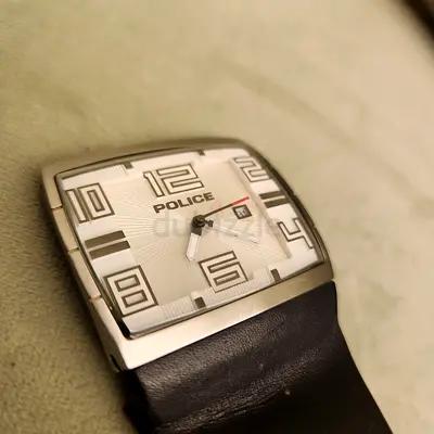 Police mens rectangular stainless steel watch with black leather strap