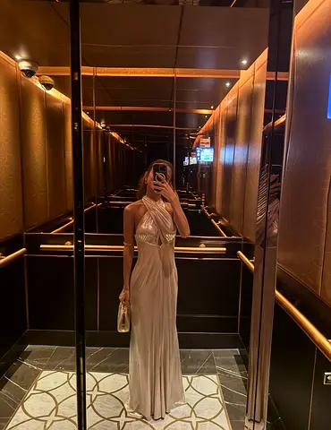 Elegant metalic jersey maxi evening dress