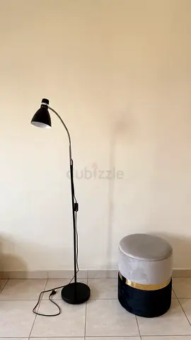 Floor lamp and velvet ottoman
