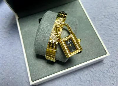 Golden tone Padlock Bracelet Master Copy Watch with Crystal Accents