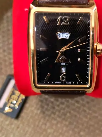 Limited Edition Brand New APPELLA Swiss Made Gold Tone Rectangular Mens Watch with Day-Date