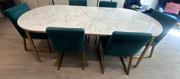 Marble-Top Dining Table with 6 Teal Velvet Chairs - Good Condition