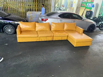 Large Yellow L-Shaped Leather Sofa - 4 Seater with Chaise