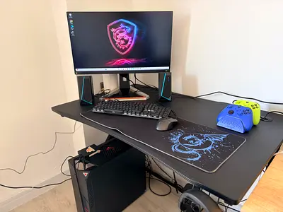 Complete Gaming desktop setup with monitor, keyboard, mouse and accessories and gaming desk: