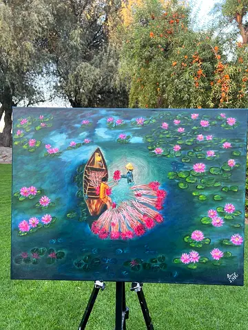 Woman in Boat Among Water Lilies painting-handdrawn