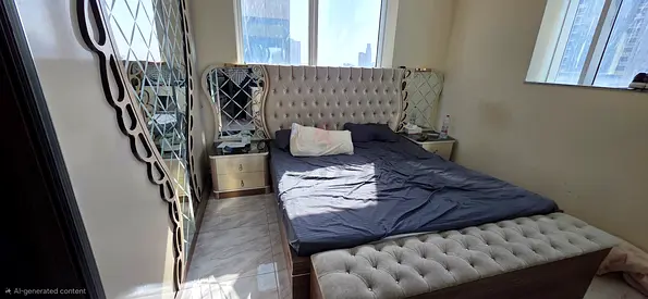 king tufted upholstered bed with storage bench, bedside tables, dresser, Chest of drawers wardrobe