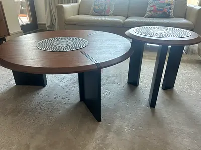 Set of 2 Modern Round Coffee  Side Tables with Wood Finish