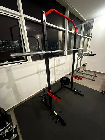 Squat Rack + Olympic Barbell with 2x 20kg Weight Plates and Spring Collars + Floor Mats