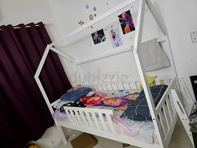 White Kids House-Frame Single Bed with Side Rails, Ladder and Slider- Good Condition